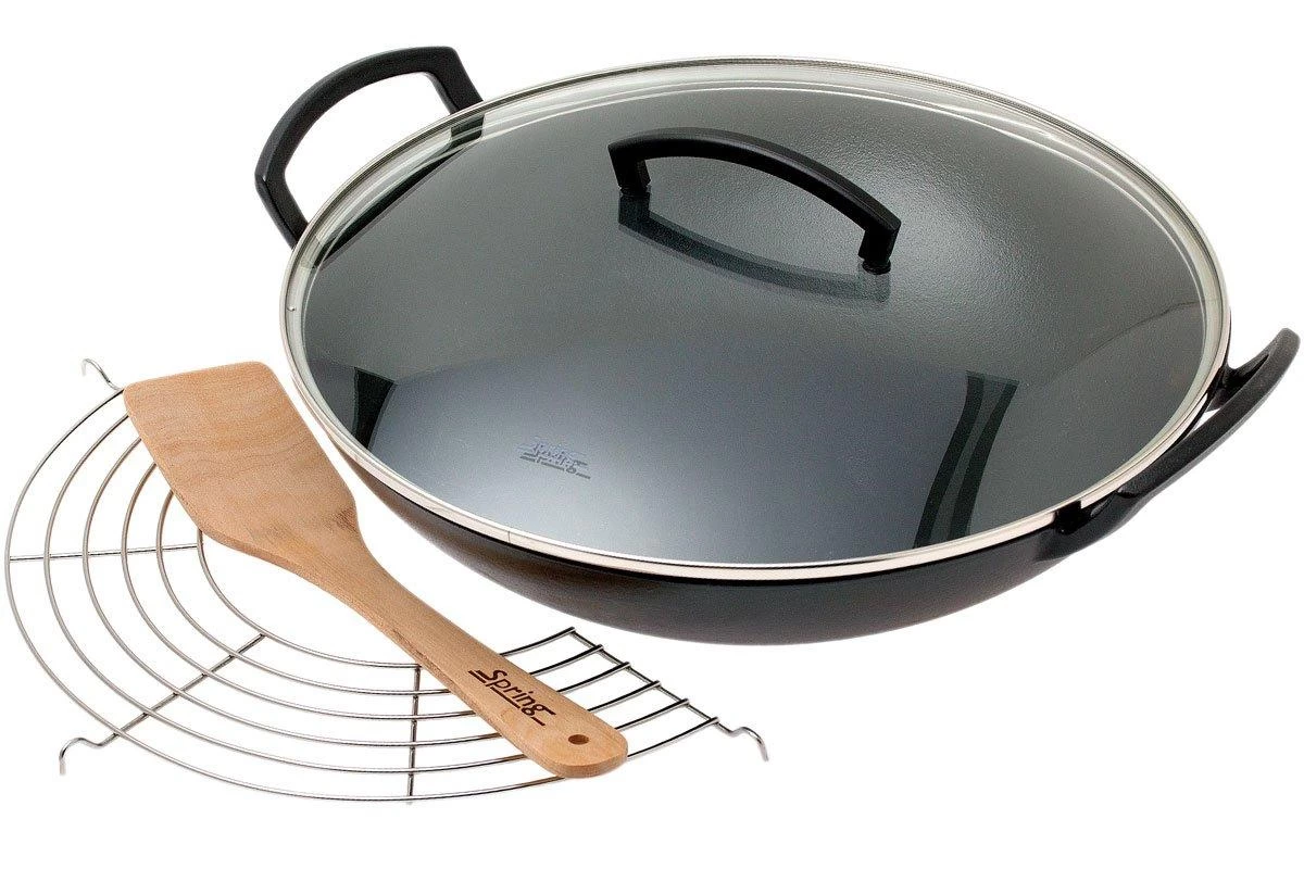 Spring Sartén Wok Hierro Fundido Con Tapa De Vidrio, 35 Cm